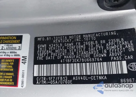 2011 Toyota Camry z USA, uszkodzony, nr VIN 4T1BF3EK7BU669764